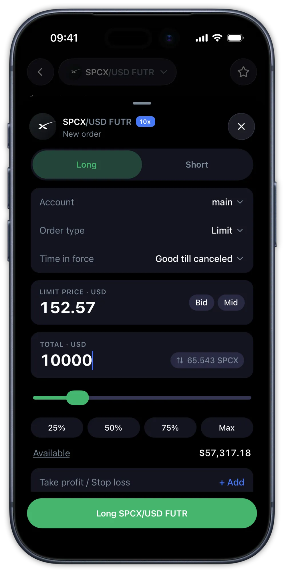 The One Trading app order form for a SPCX/USD futures position